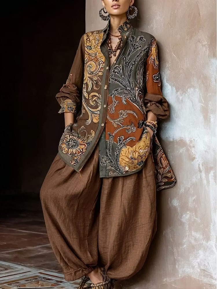 Ensemble femme manches longues en coton et lin, chemise vintage imprimée à col rabattu et boutons, avec pantalon ample à jambes larges