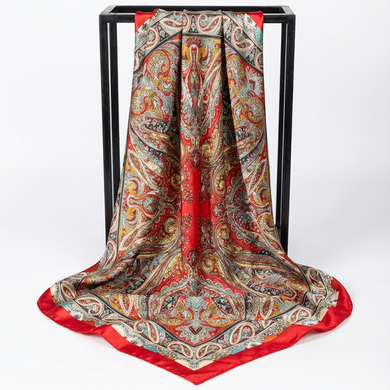 Foulard carré de luxe en satin pour femme, hijab musulman, élégant imprimé cachemire, en soie, utilisable comme écharpe, châle, ruban pour poignée de sac et bandeau pour cheveux