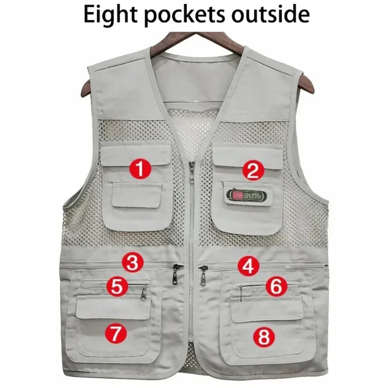 Gilet d'été fin pour hommes, manteau en maille de couleur unie, gilet multi-poches respirant, voyage Camping pêche photographie travail gilet haut
