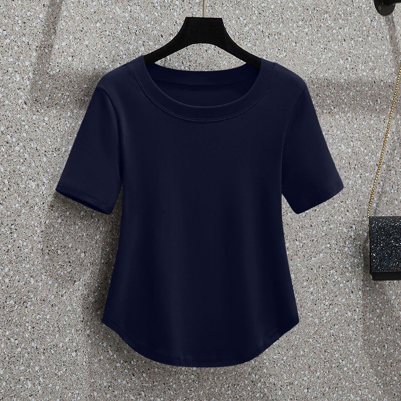 T-shirt coréen pour femme à col rond, doux, cintré, à manches courtes, couleur unie, respirant et léger