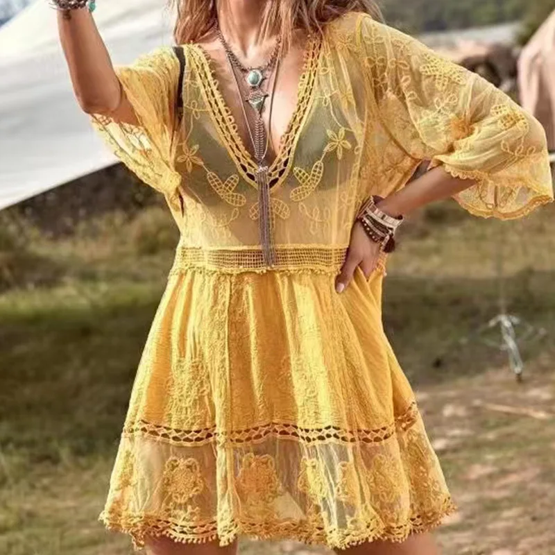 Maillot de bain en dentelle contrastée pour femmes, Cover-Up pour Bikini, tunique ajourée, robe de plage, Crochet, vêtements de plage, Protection solaire