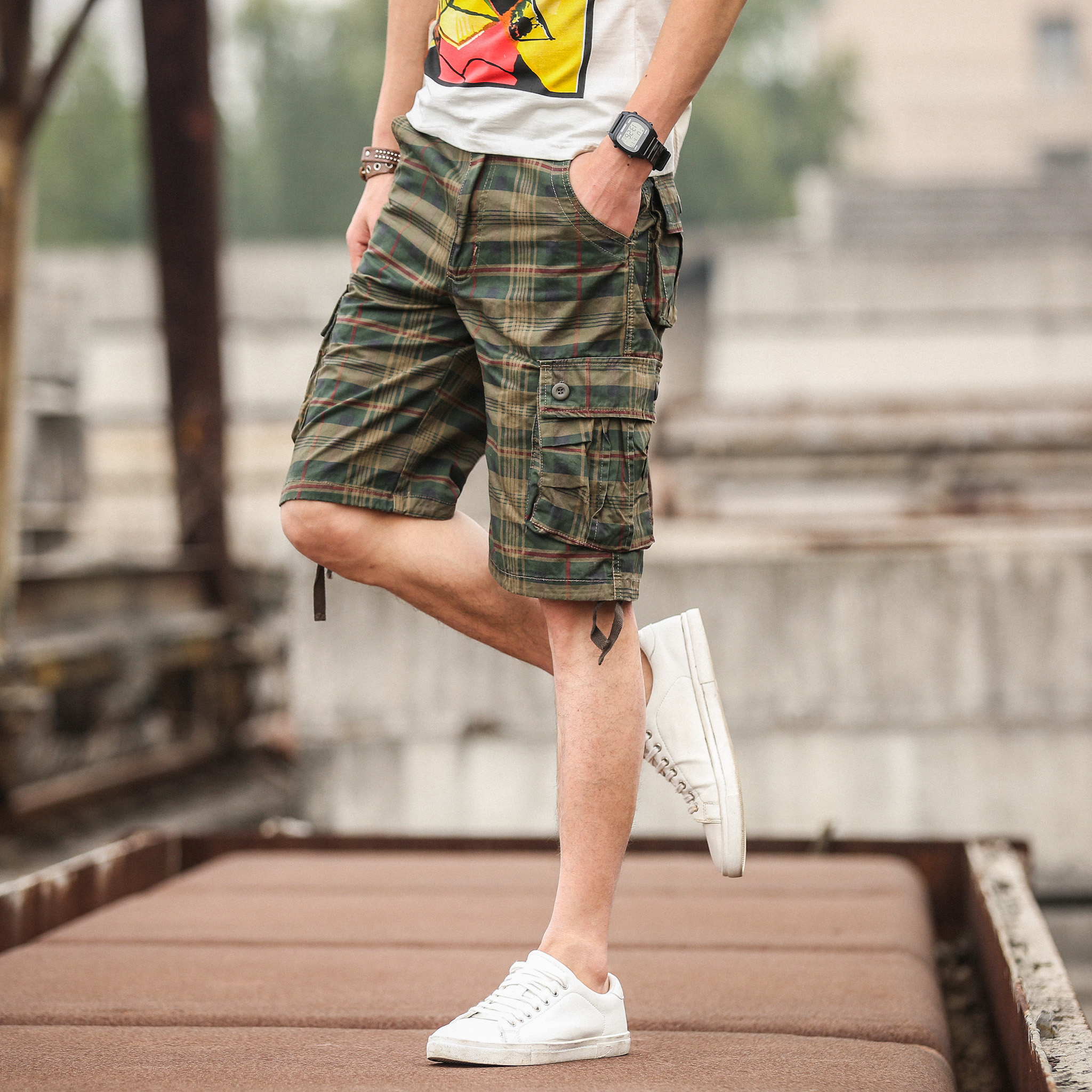 Pantalon moyen pour hommes, été, coton, confortable, Sports de plein air, plage, tendance, short à carreaux, ample, droit, grande taille, Cargo