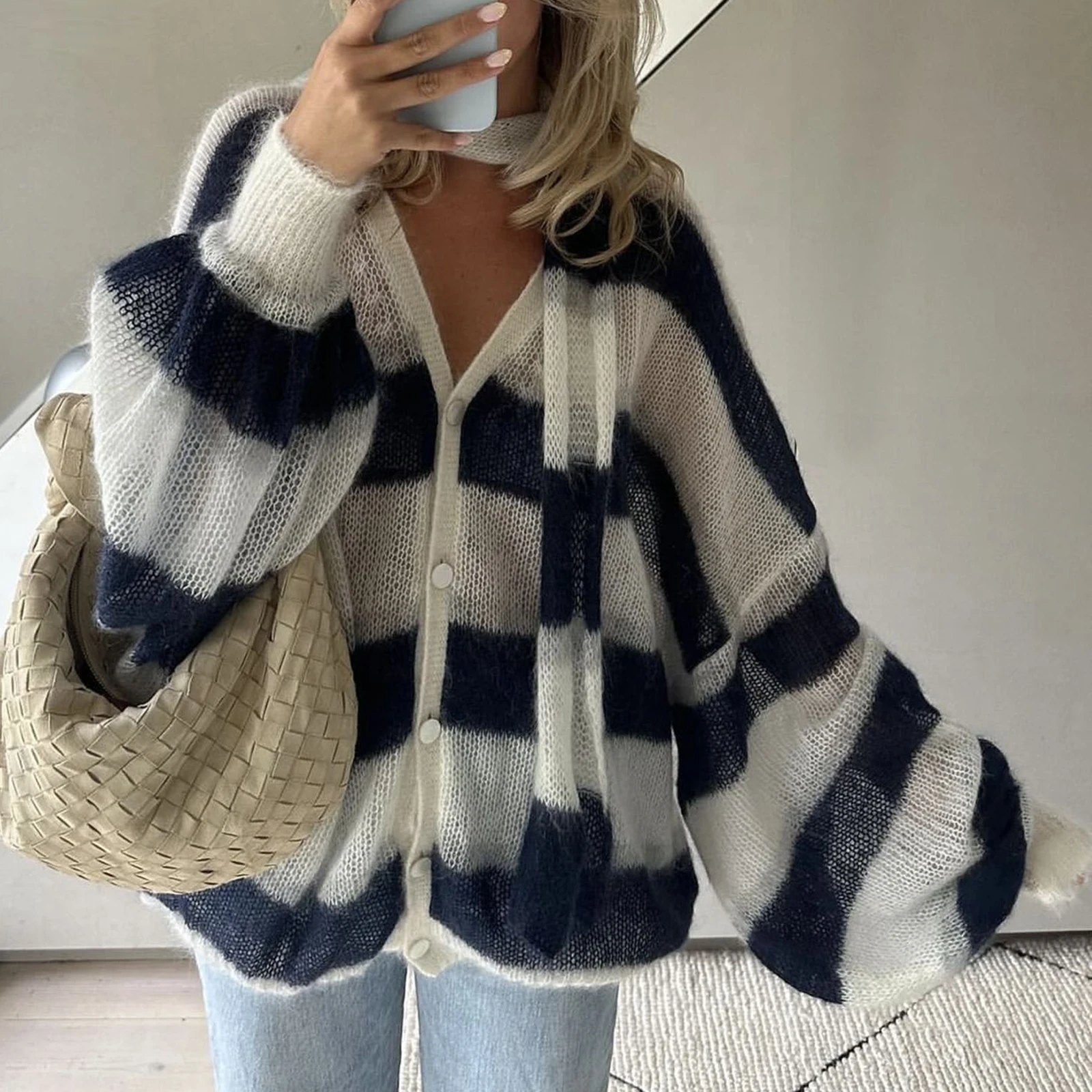 Cardigan à manches lanterne pour femmes, pull rayé avec écharpe, haut rétro pour documents d'abonnés, mode féminine