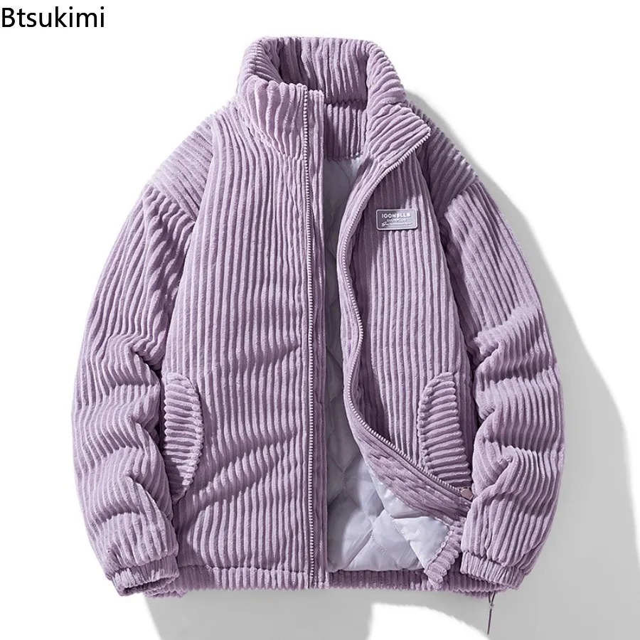 Parka décontractée pour hommes, col montant, couleur unie, vêtements d'extérieur, velours côtelé épais, chaud, veste rembourrée en coton, nouvelle mode hiver