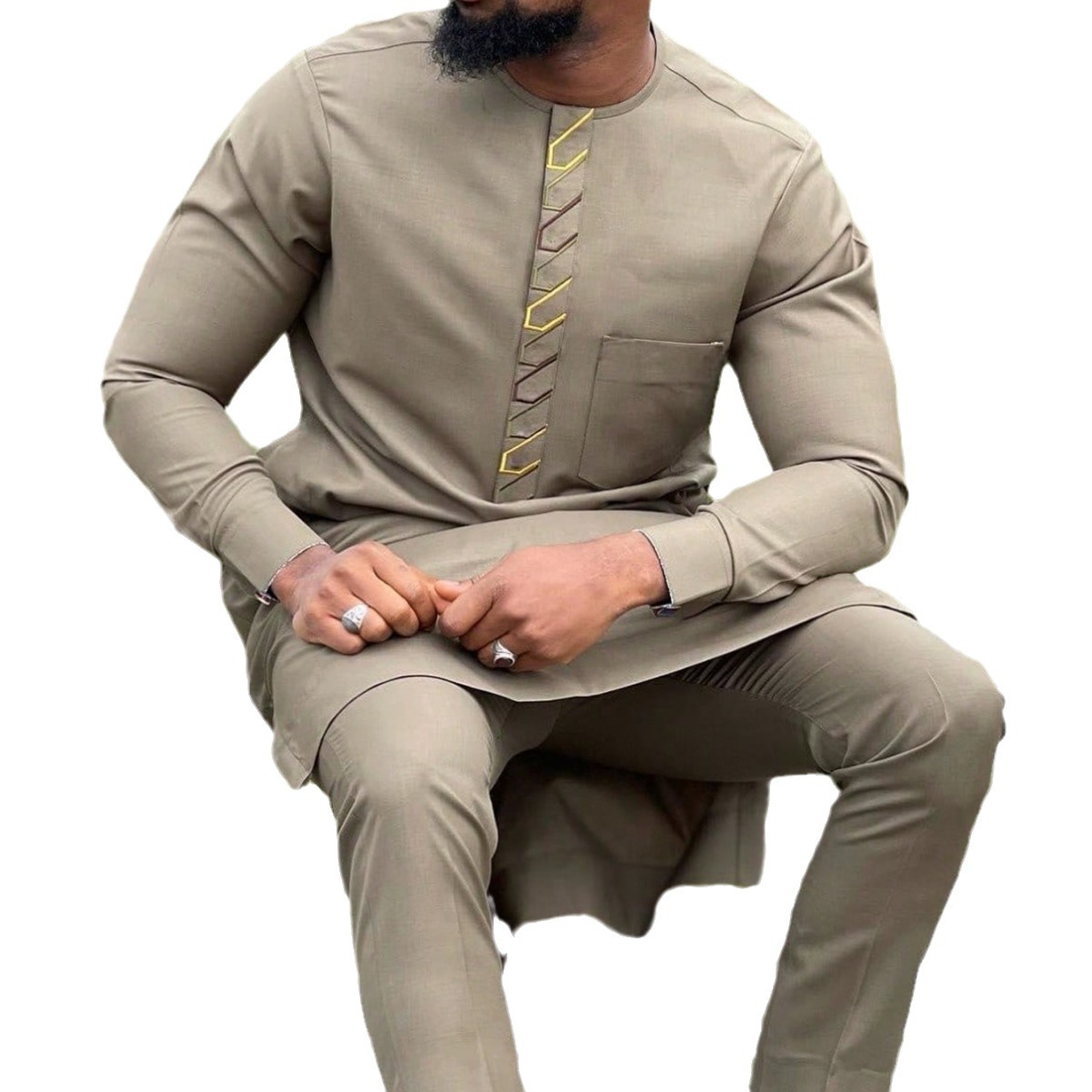 Ensemble africain traditionnel ethnique pour hommes, col rond, poche, proximité en Y, Wstring, Fjsoak, ensemble décontracté, tenues africaines, 2 pièces