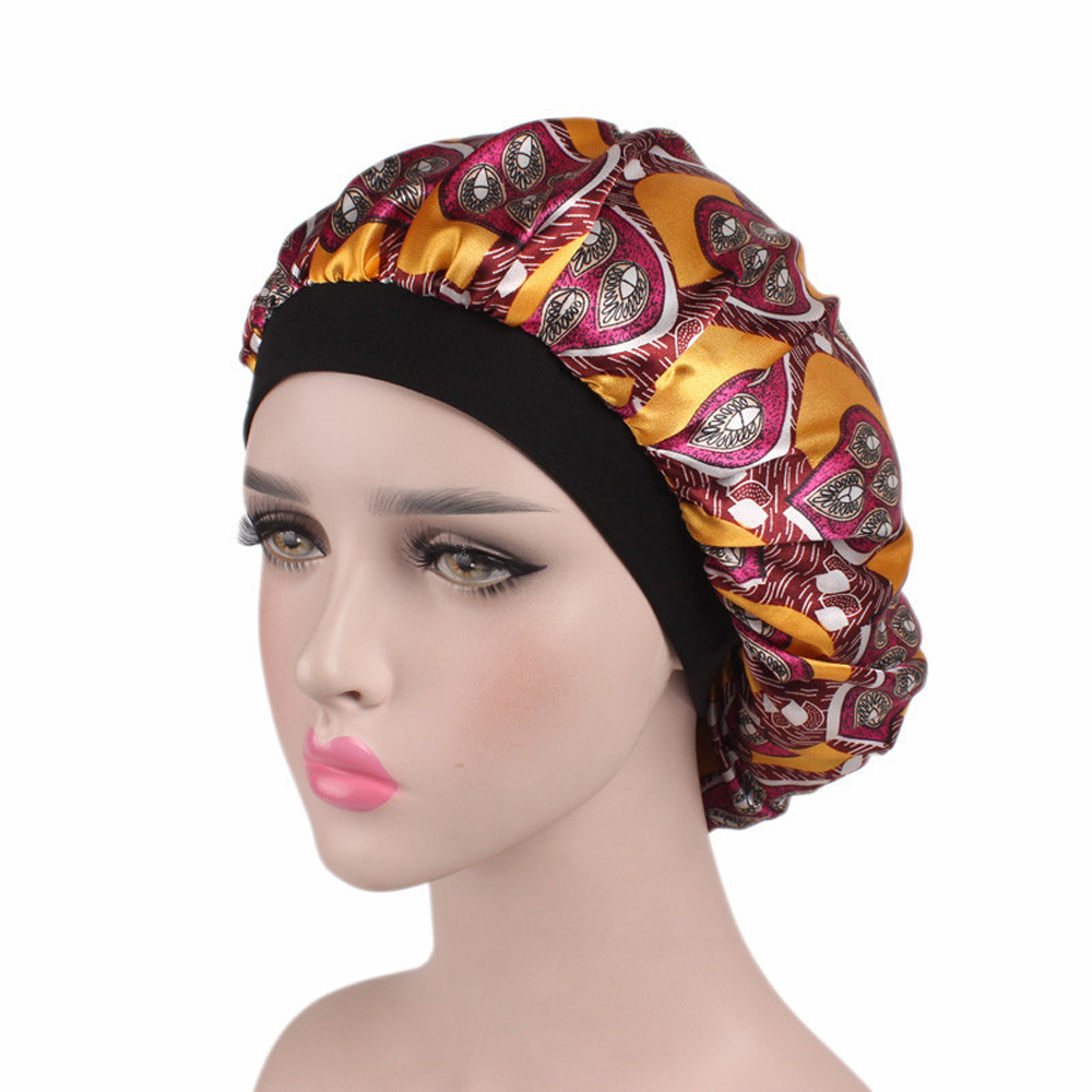 Mode femmes Satin Bonnet nuit sommeil chapeau élastique large bande perte de cheveux couverture tête enveloppement