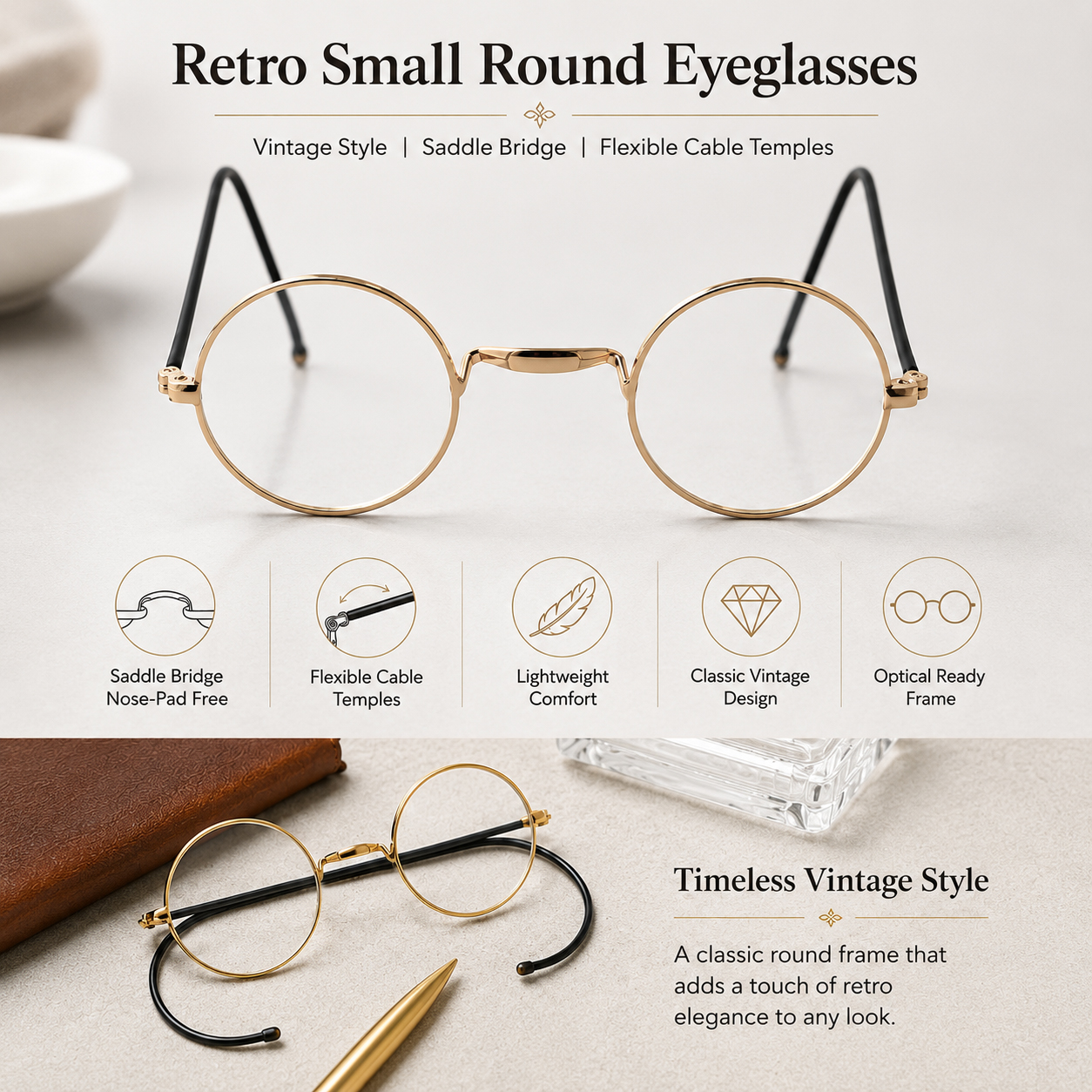 Lunettes rondes vintage de 44 mm avec monture en fil doré sans plaquettes de nez, monture optique avec branches en câble pour un ajustement sécurisé