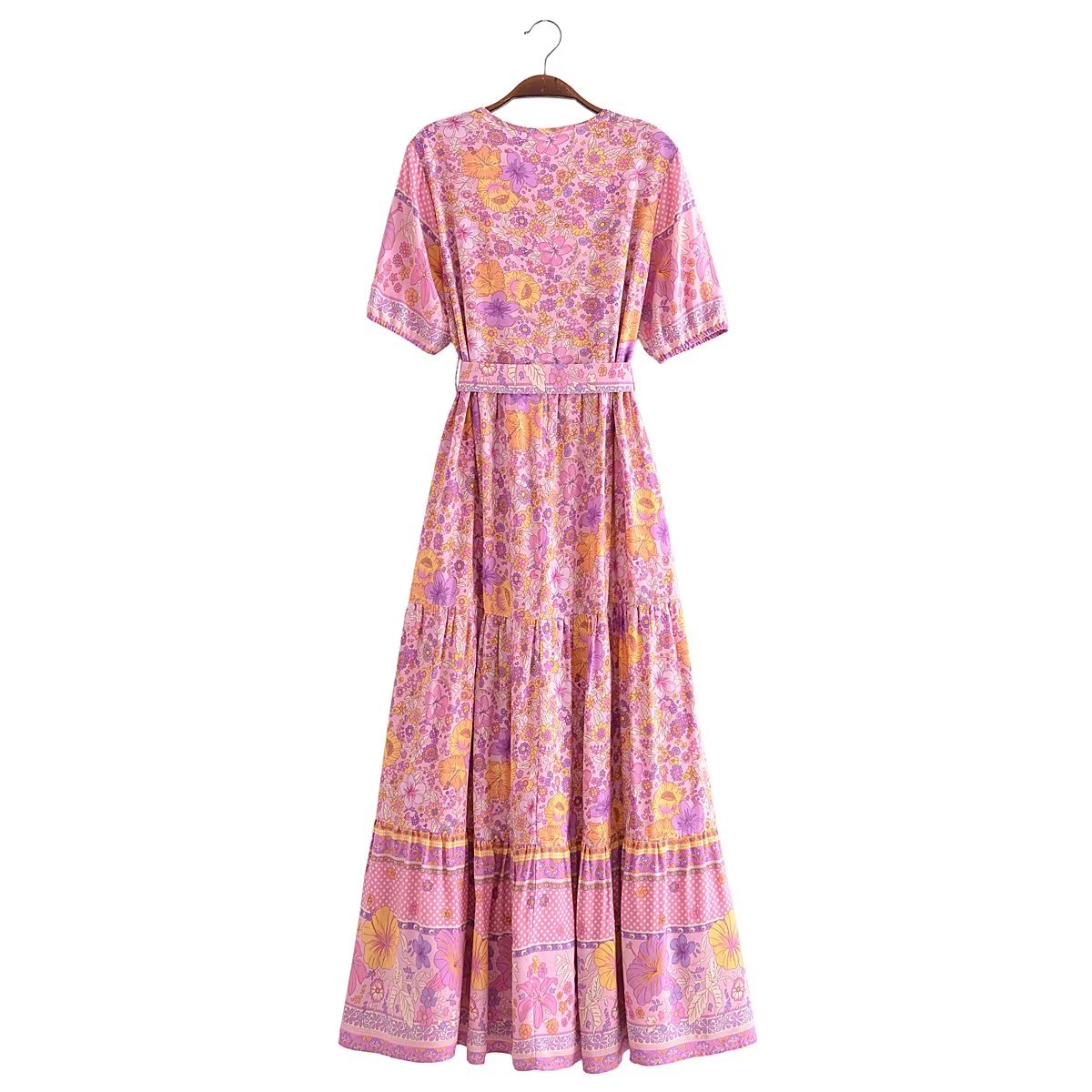Robe longue à lacets pour femmes, style Boho, imprimé Floral, boutons, style bohème, manches courtes, été