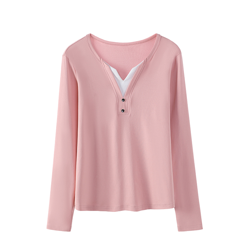 T-shirt rose à manches longues de style coréen pour femmes, nouvelle mode d'automne en coton, grande taille, boutons, coupe cintrée, faux haut deux pièces à col en v