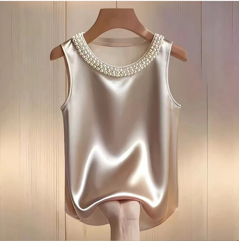 Chemise élégante en satin pour femme, chemisier en soie à motif perlé pour l'été, t-shirts amples pour femme, débardeurs tendance pour femme, tee-shirt élégant pour femme