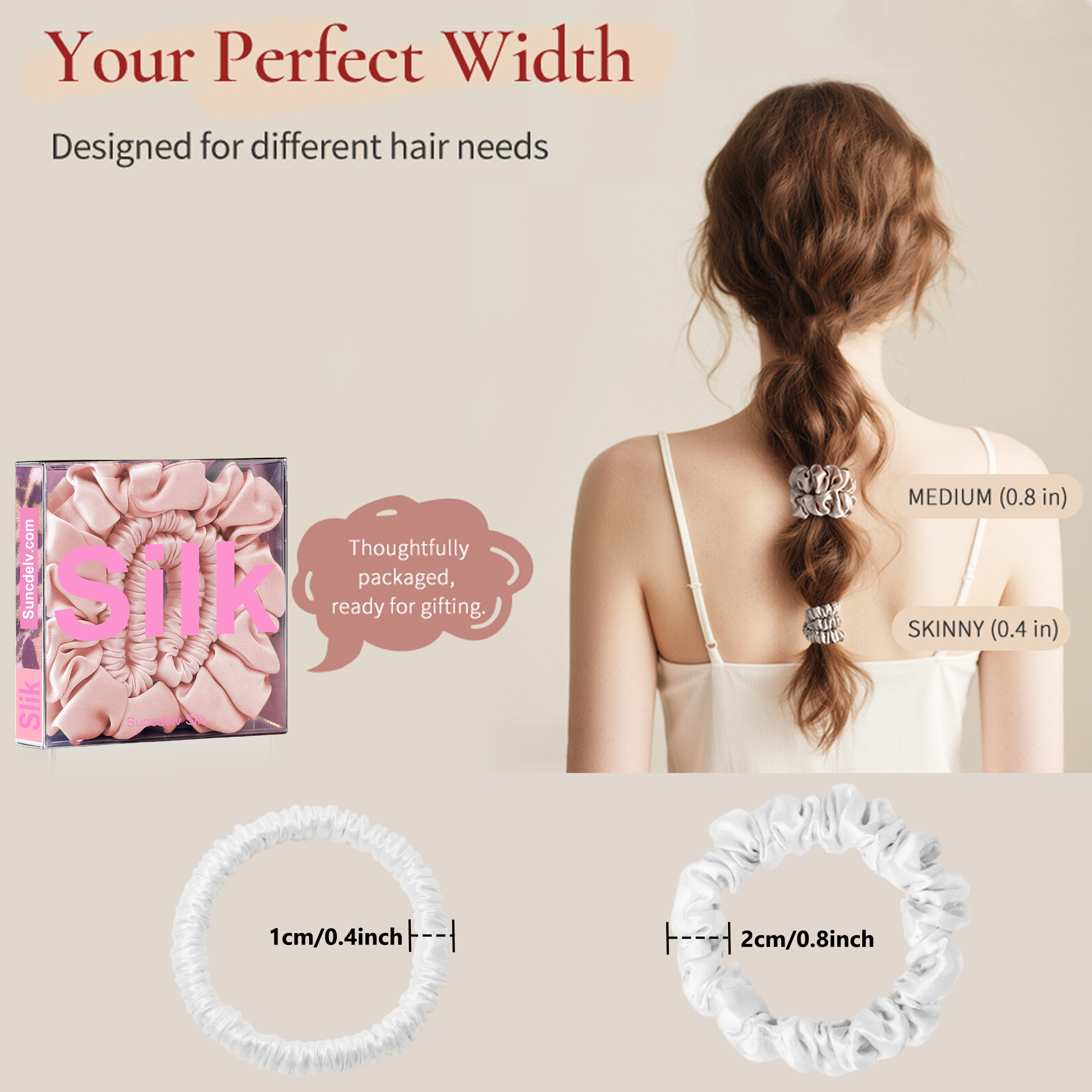 2 pièces/boîte, chouchous pour cheveux en soie de mûrier 100% pure. Haute qualité, emballage soigné, parfait pour offrir en cadeau (Largeur : 1 cm/2 cm).
