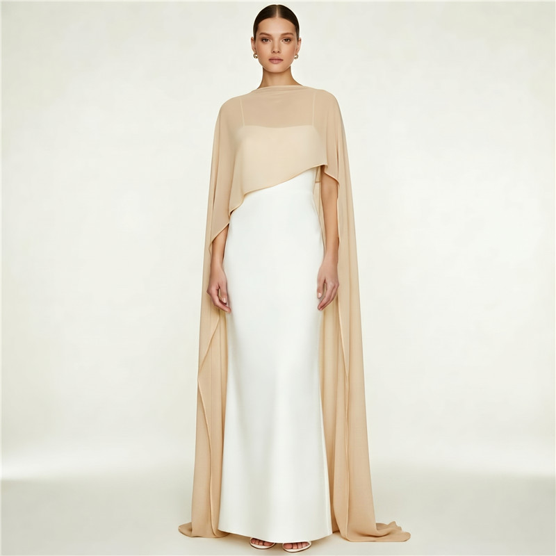 Robe longue de soirée élégante en mousseline avec cape, dos nu, moulante, longueur ras du sol, pour femme, idéale pour les fêtes et les mariages