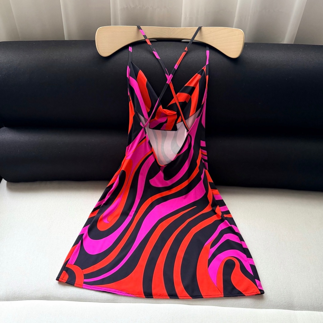 Robe femme 2026 de haute qualité 100% soie rose et orange à motif vague abstraite et dos ouvert TC