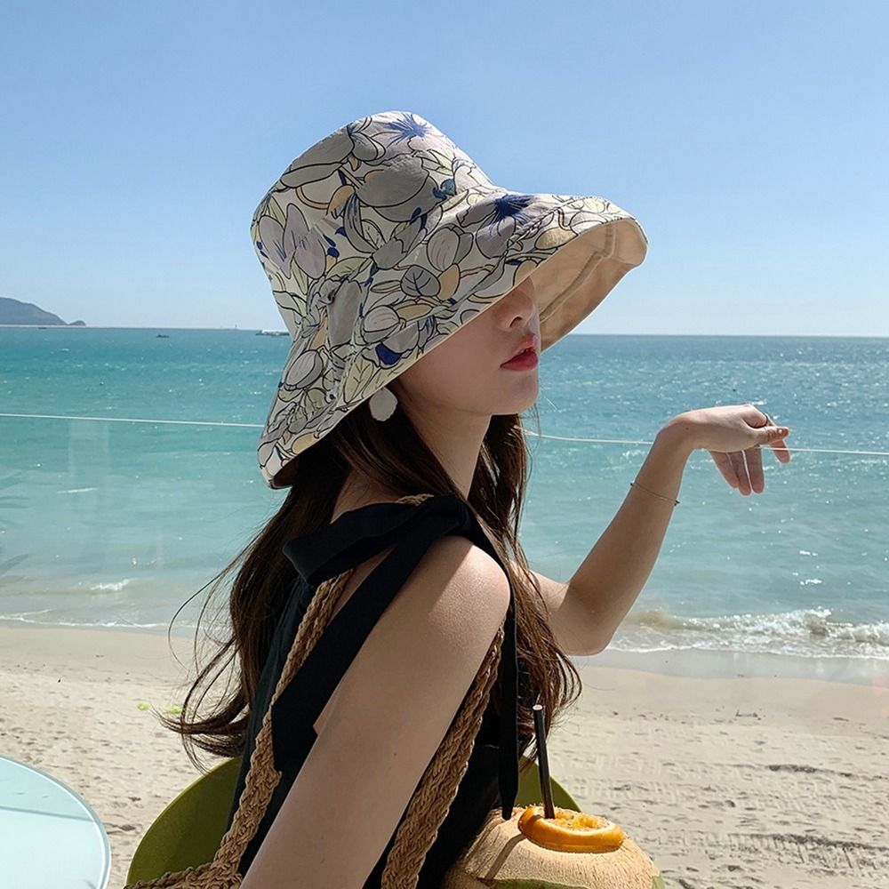 Chapeau de pêcheur double face pour femme, couleur unie, large bord, chapeau de soleil d'été respirant, imprimé floral, visière de protection solaire, casquette de plage