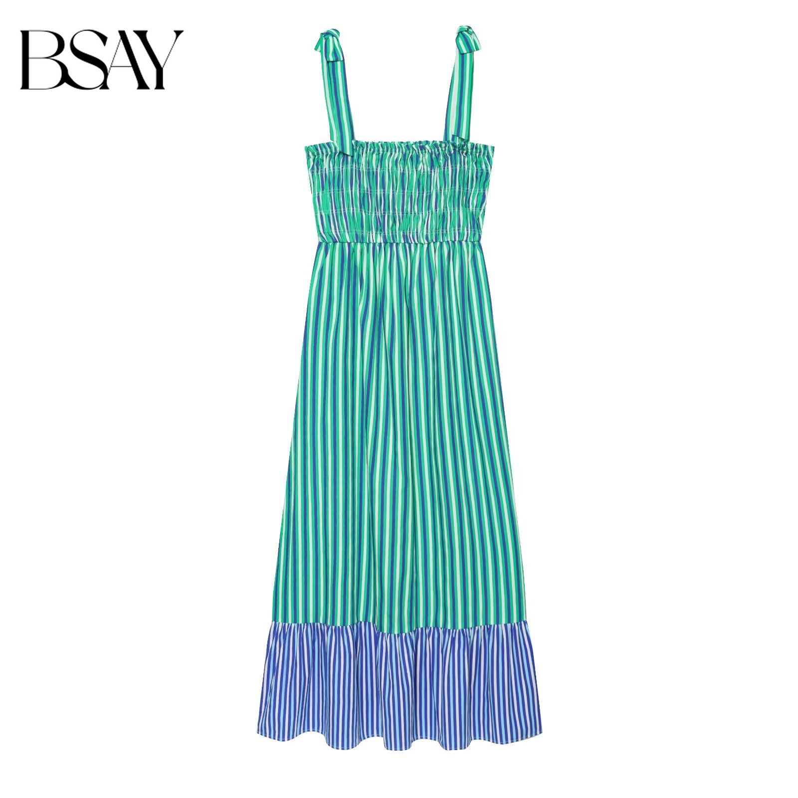 Robe midi décontractée coréenne BSAY pour femme, nouvelle collection, à rayures, avec bretelles à nouer, taille élastiquée smockée, ourlet à volants, sans manches, fluide, pour le quotidien ou la plage