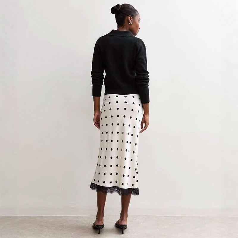 Jupe midi élégante en satin blanc à pois pour femme, avec patchwork de dentelle, taille haute, coupe ajustée, longue, collection été 2026, décontractée, pour le bureau et le streetwear