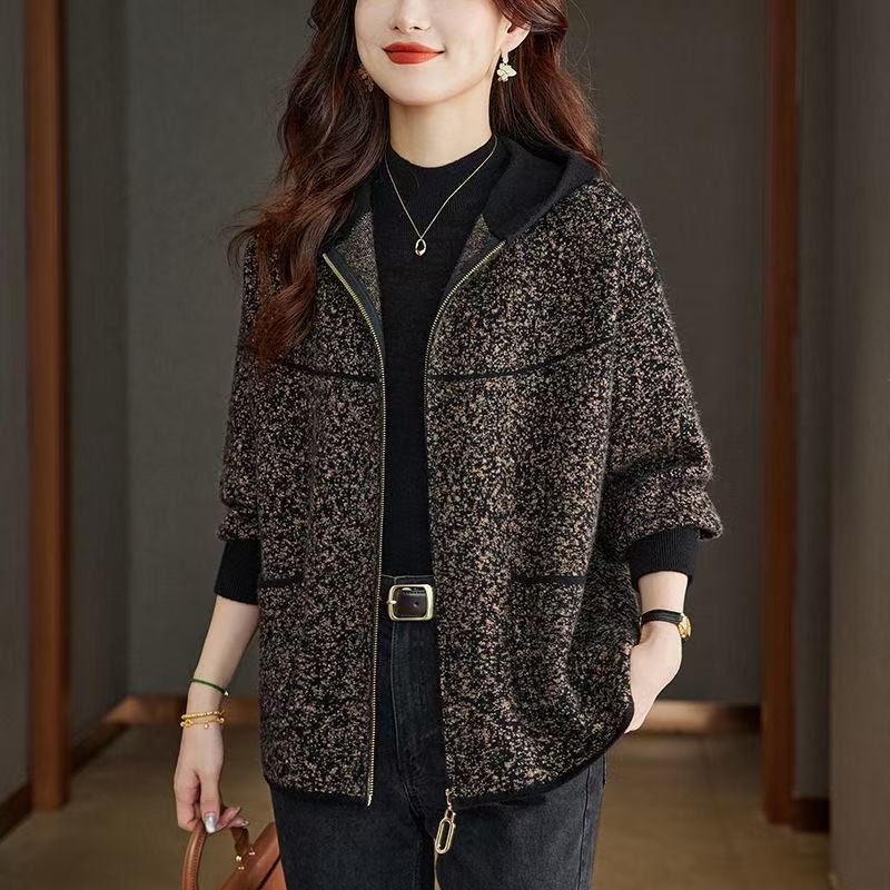 Manteau en Laine Tendance Automne Hiver pour Femme, Nouvelle Veste Décontractée à Capuche Zippée pour Mère d'Âge Moyen, Vêtement d'Extérieur