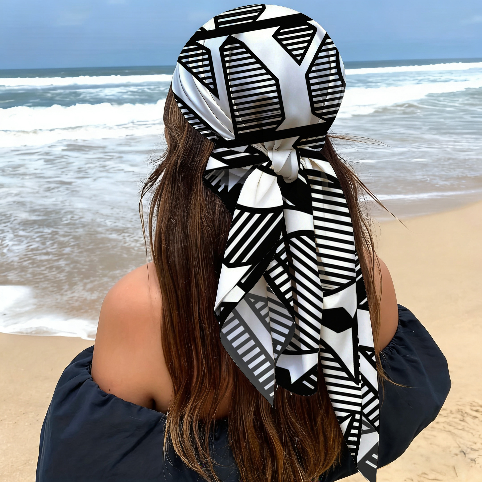 Foulard carré minimaliste français noir et blanc 90 cm en satin soyeux, bandeau et écharpe de cou pour femme, élégant pour le quotidien