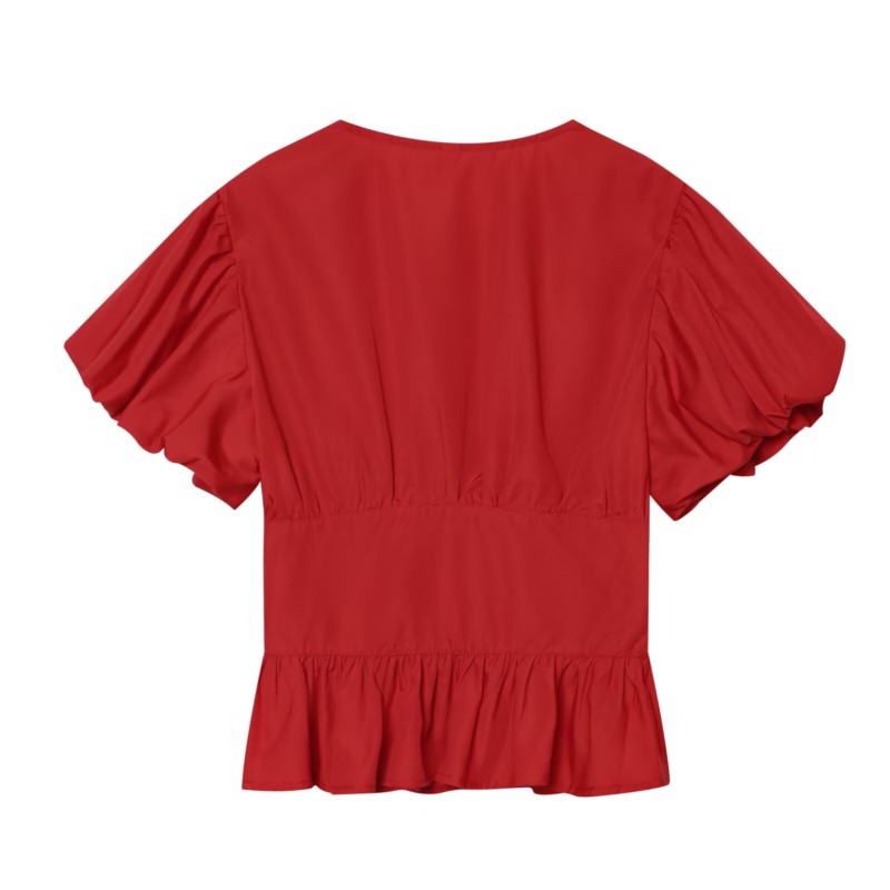 Chemisier à manches bouffantes pour femme, Nouvelle collection Printemps-Été 2026, Style vintage simple, Col rond boutonné, Chemises et chemisiers à plis pour femme, Hauts chics pour femme