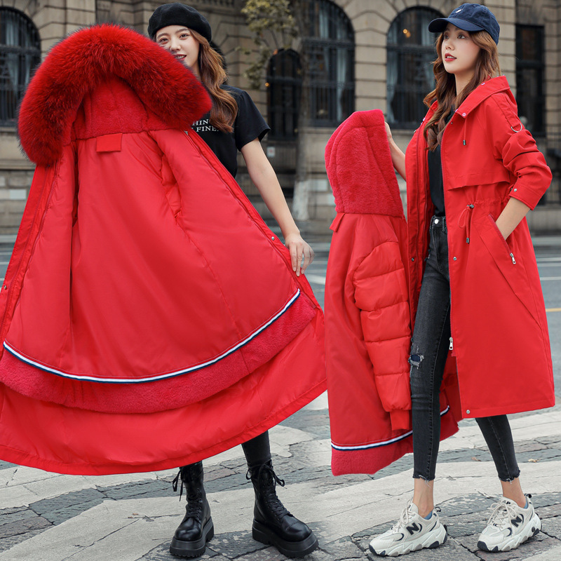 Parkas à capuche pour femmes, manteaux longs, couleur unie, détachable, grande fourrure, col en longueur, fermeture éclair, cordon de serrage, coupe cintrée, épais, décontracté, hiver 2025