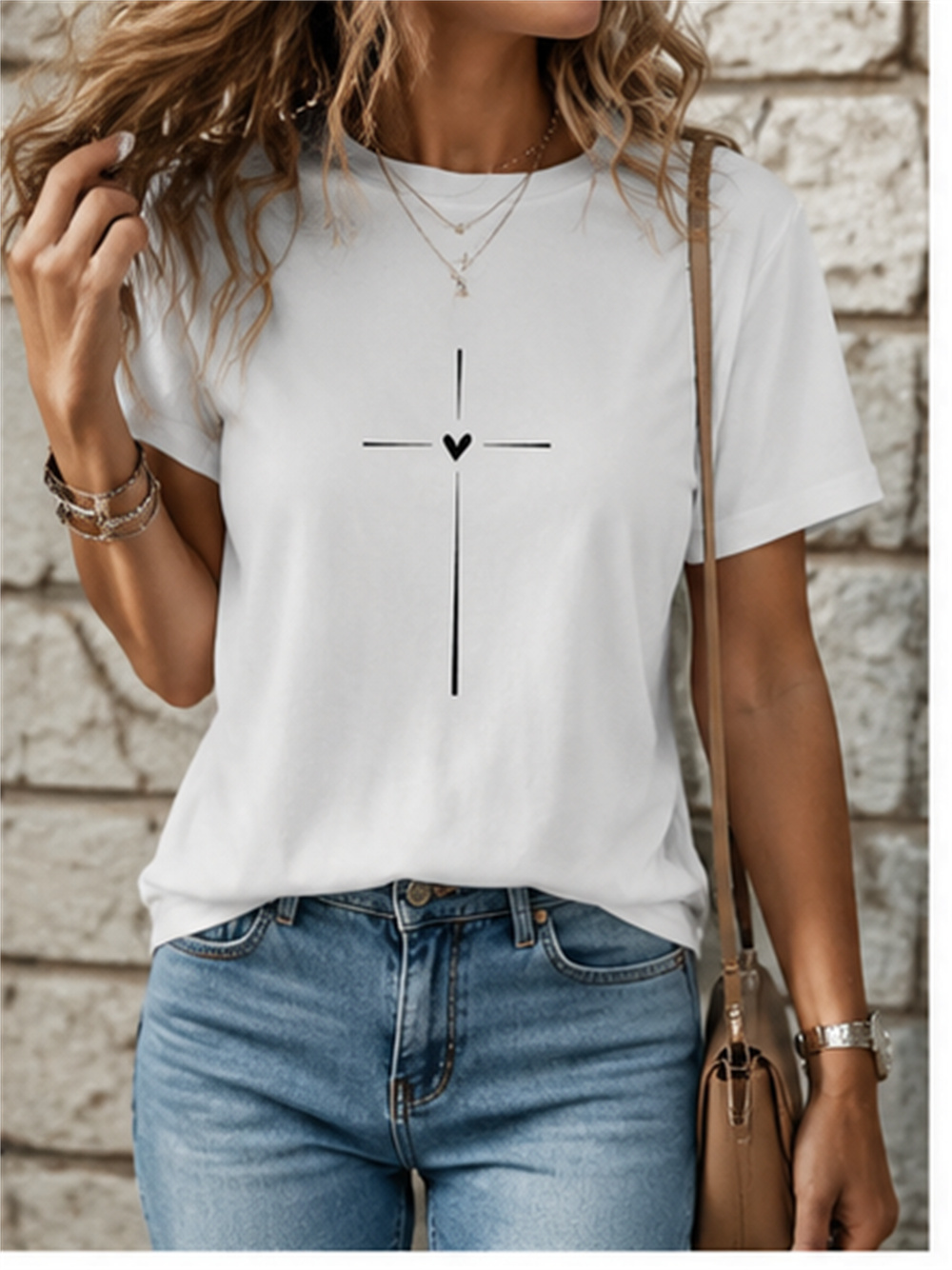 T-shirt de sport décontracté pour femmes, col rond, T-shirt simple et artistique avec motif croix et cœur, esthétique artistique