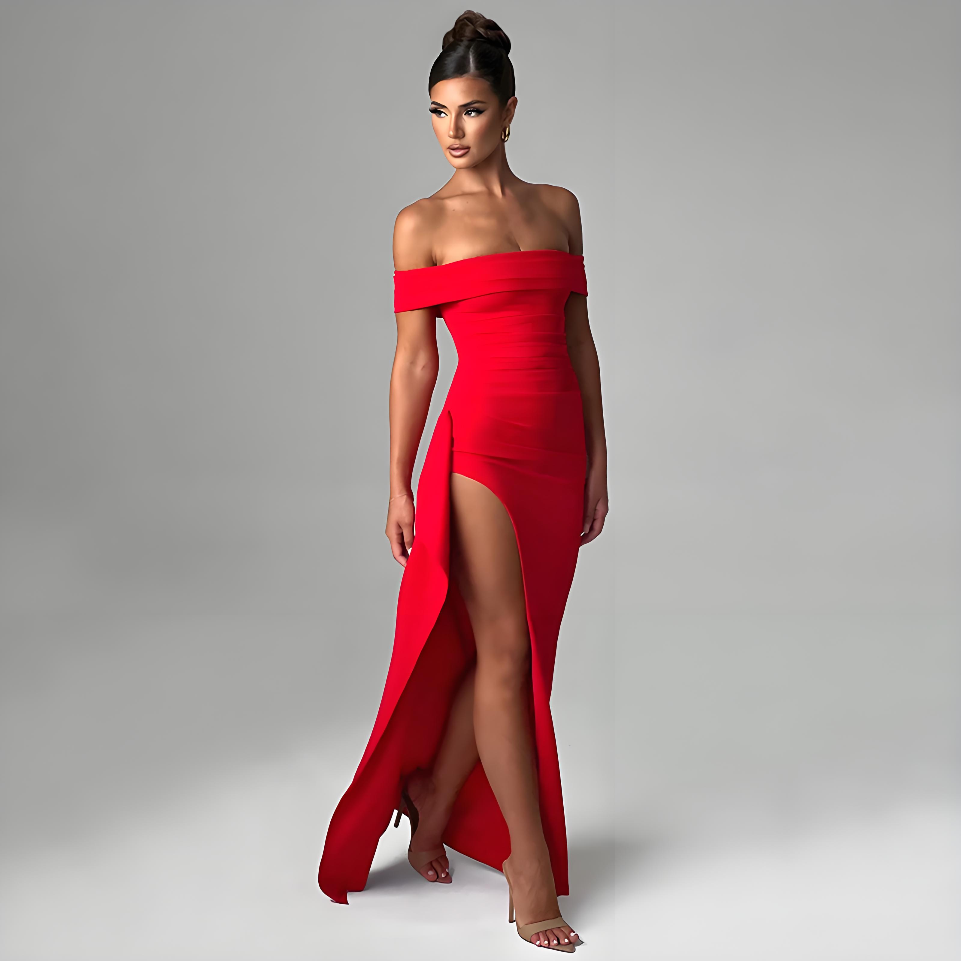 Robe de soirée élégante, couleur unie, épaules dénudées, robe longue sexy taille haute avec fente latérale pour femme, robe de soirée maxi formelle pour femme
