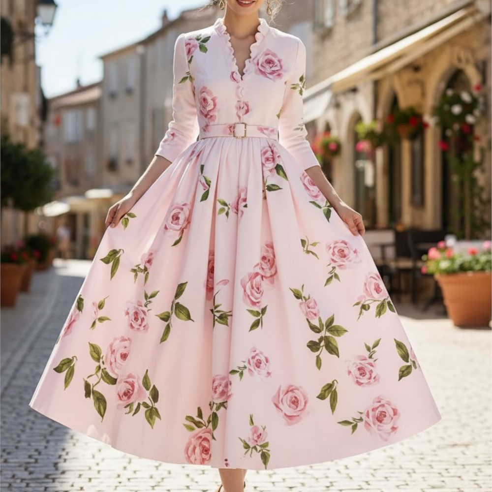 Robe longue élégante et romantique, décontractée, imprimée, taille haute, à la mode, à manches longues, plissée, col en V, coupe trapèze