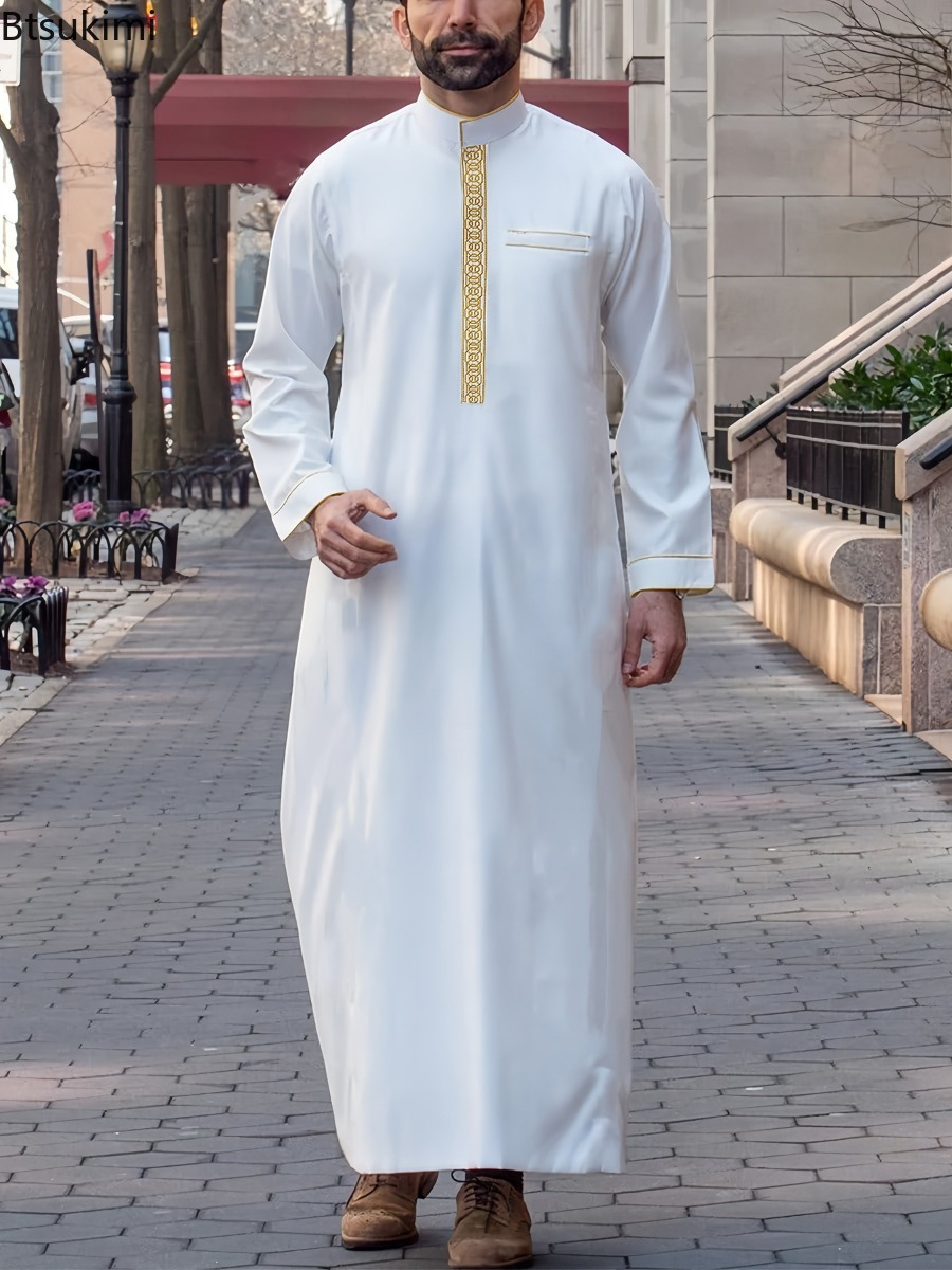 Abayas musulmanes pour hommes, couleur unie, Robe longue brodée, Jubba Thobe, chemises musulmanes arabes saoudiennes, vêtements islamiques, 2026