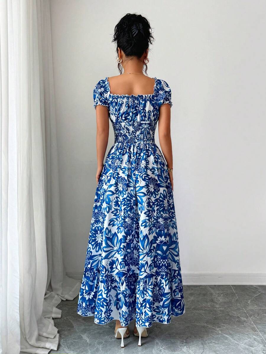 Robe longue élégante et charmante pour femme, nouvelle robe légère en tissu floral avec manches bouffantes, dos ouvert et taille froncée, idéale pour les rendez-vous et les vacances
