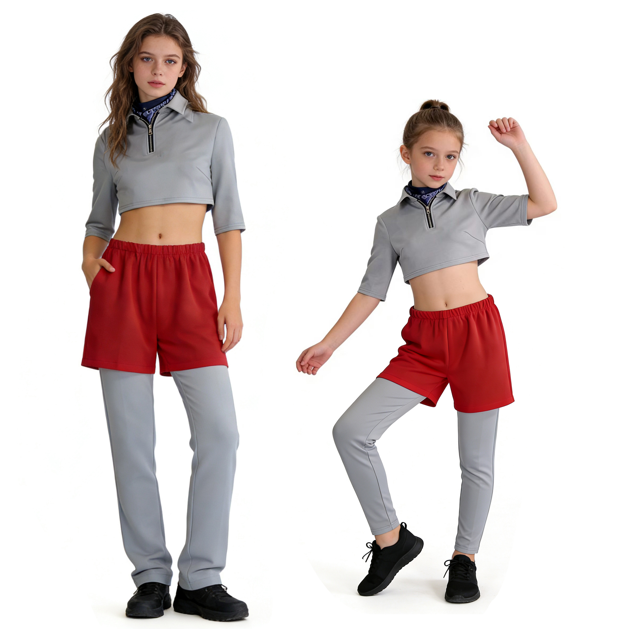 Costume de cosplay ELEVEN, tenue de cosplay vintage sportive pour femmes, haut court gris, ensemble de pantalon court rouge