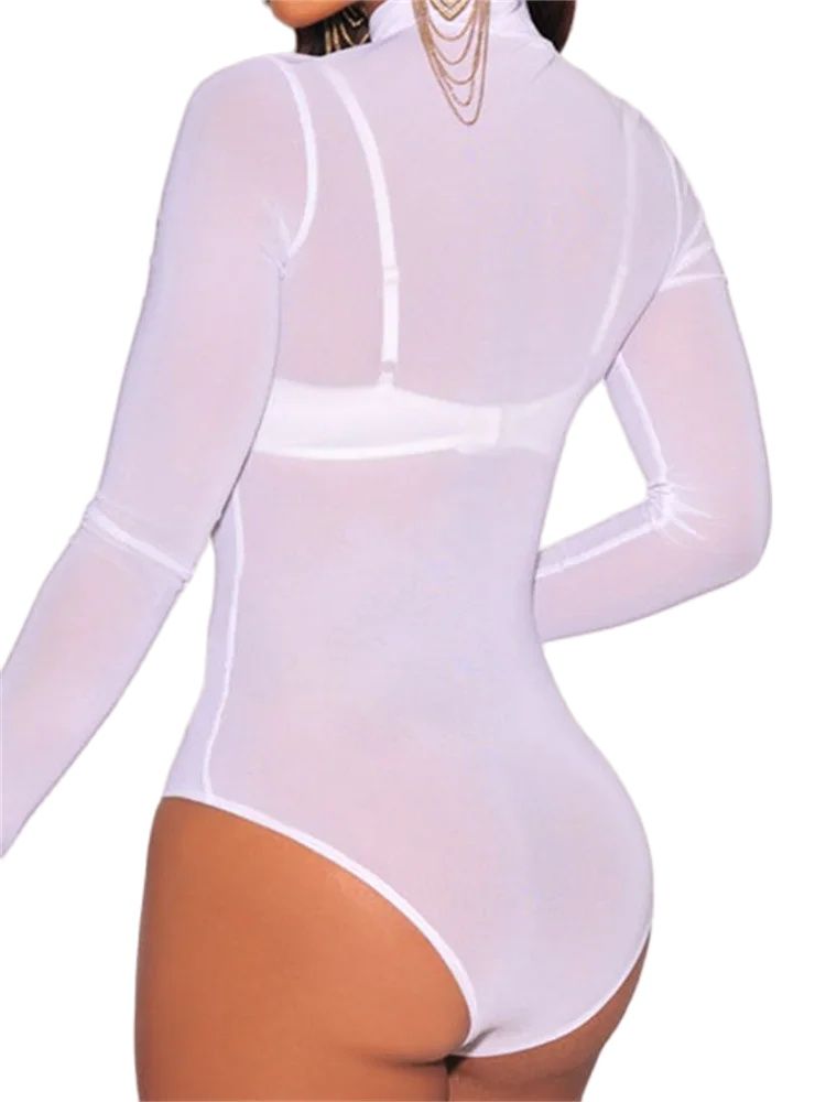 Body en maille pour femmes, manches longues, col montant, moulant, transparent, Vintage, Sexy, Clubwear, été, automne