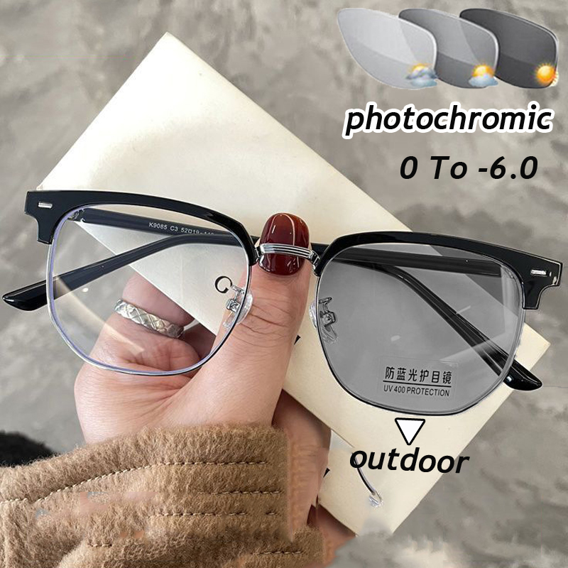 Lunettes de myopie photochromiques pour femmes et hommes, transparentes, anti-lumière bleue, décolorées, vision de près, unisexe, dioptrie