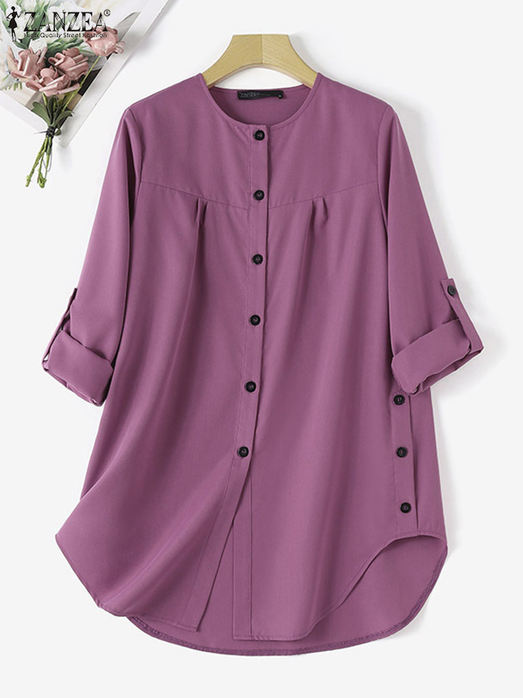 ZANZEA-Chemises à ourlet arrondi pour femmes, chemisier boutonné à col rond, manches longues, mode musulmane, décontracté, islamique, automne, 2024
