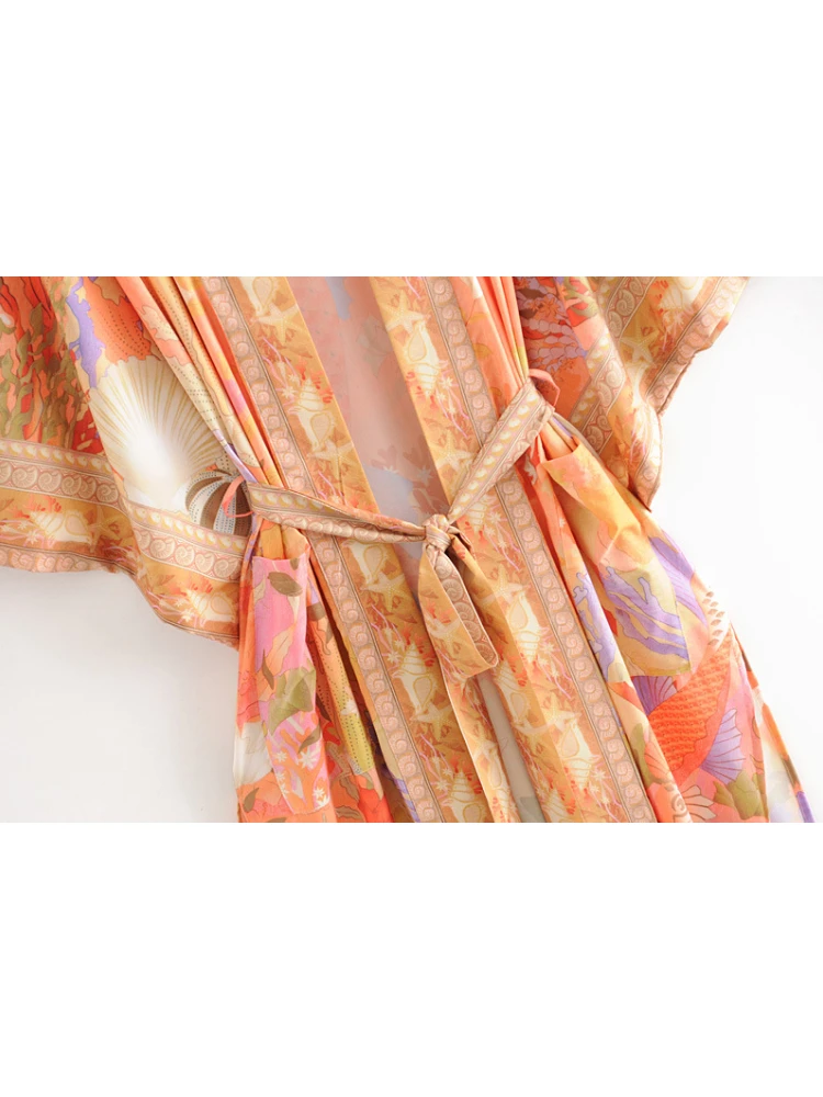 Robe Kimono Vintage Chic à Imprimé Floral pour Femme, Manches Chauve-Souris, Style Bohème, Gothique, Col en V, Plage, Été