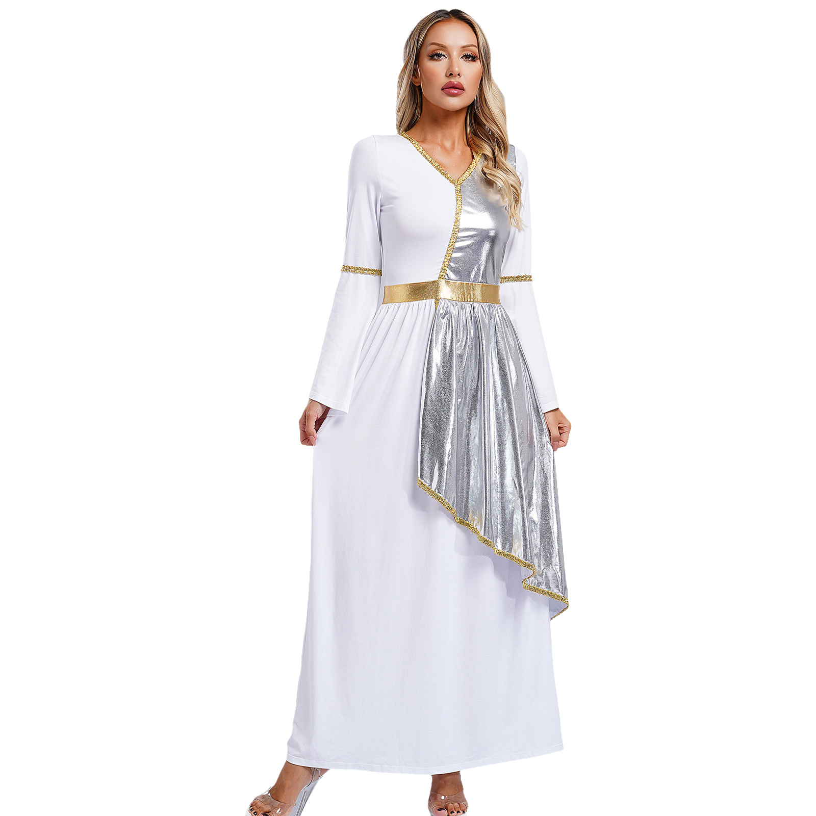 Robe Toga de beauté grecque romaine pour femmes, manches évasées, superposition métallique brillante, garniture dorée, Maxi, Costume de Cosplay d'halloween
