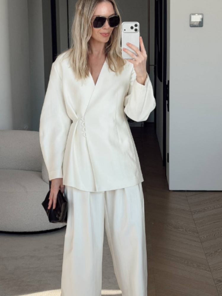 Ensemble tailleur pantalon large et veste en satin de luxe exquise pour femme 2026 – Chic et décontracté avec col en V et taille cintrée