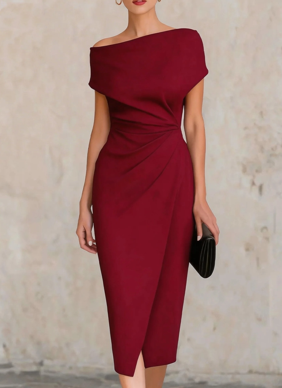 Robe midi asymétrique à épaules dénudées pour femme, coupe moulante froncée sur le côté, élégante, idéale pour les fêtes, les mariages ou les cocktails
