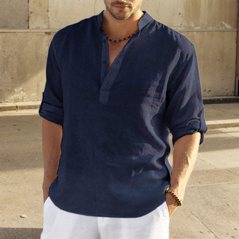 Chemise en lin de coton pour hommes, chemisier décontracté, col montant, t-shirt à manches longues pur, beau haut ajusté, vêtements pour hommes, mode
