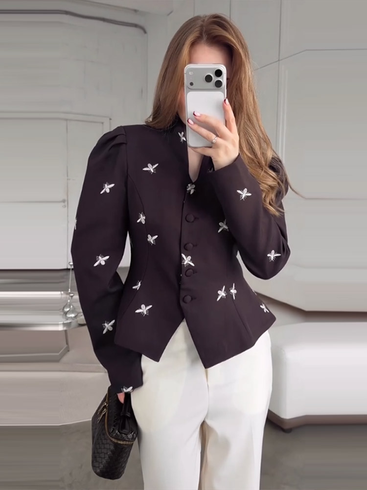 Veste pour femme, col en V, épaules bouffantes, manches longues, taille cintrée, blazer, manteau à simple boutonnage, élégant, décontracté, vêtement d'extérieur pour femme.