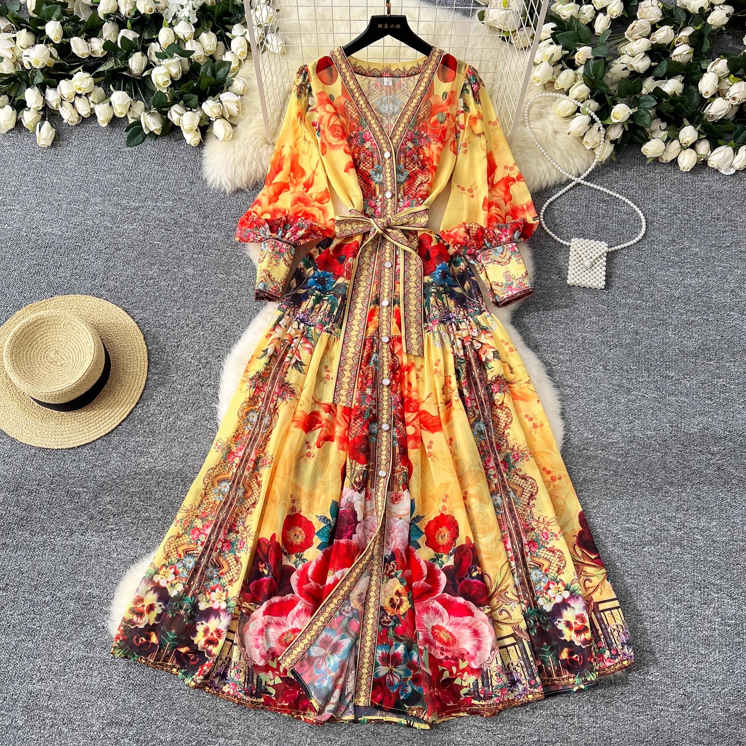 Robe d'été bohème en mousseline de soie à fleurs pour femmes, col en V, manches longues lanterne, ceintures, plage, vacances, éducatif, 2025