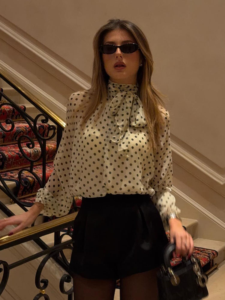 Chemisier à manches longues à col foulard polyvalent à pois, nouvelle collection printemps pour femme, style décontracté chic