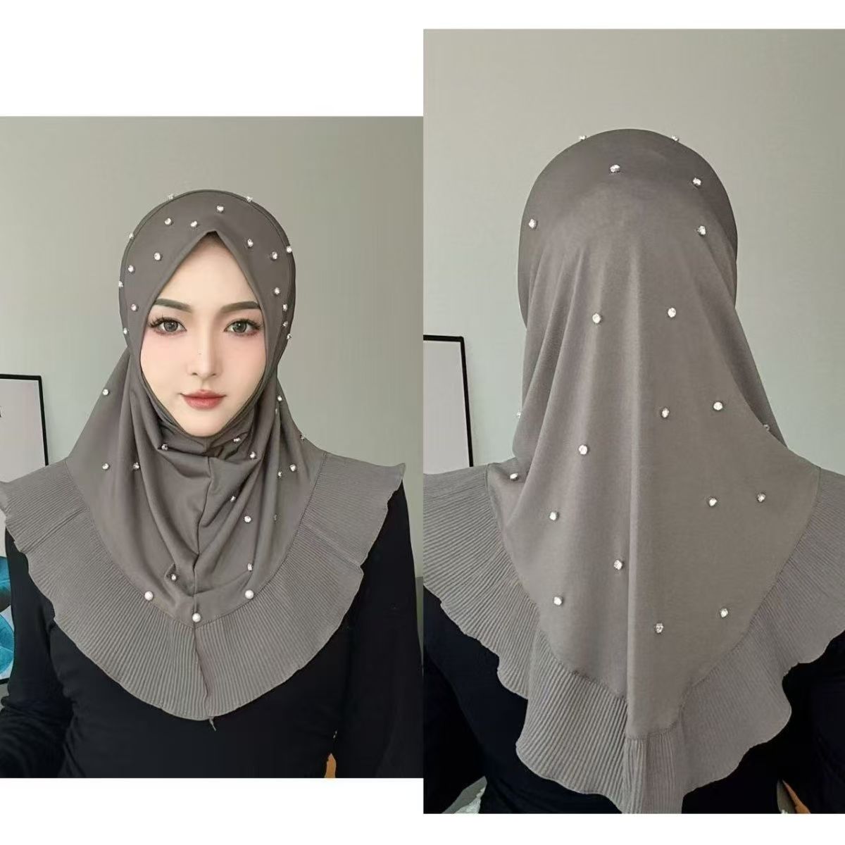 Hijabs pour femmes musulmanes café rose avec perles foulard de prière Eid soirée luxe malaisie Islam fille écharpe d'extérieur