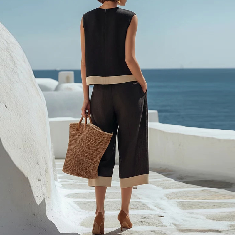 Ensemble décontracté deux pièces pour femme : débardeur sans manches et short patchwork coloré, idéal pour l'été
