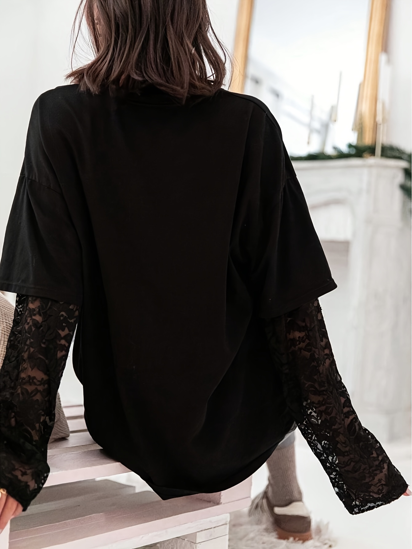 T-shirt ample à manches longues pour femmes, couleur unie, avec empiècements en dentelle, chemisier tendance pour le printemps, l'été et l'automne