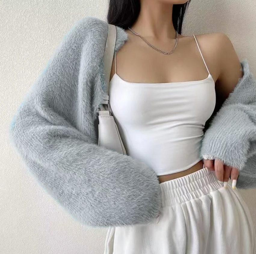 Cardigan court à col rond pour femmes, tunique à manches longues, pulls côtelés solides, vestes à la mode, vêtements coréens Sucirculation Mujer