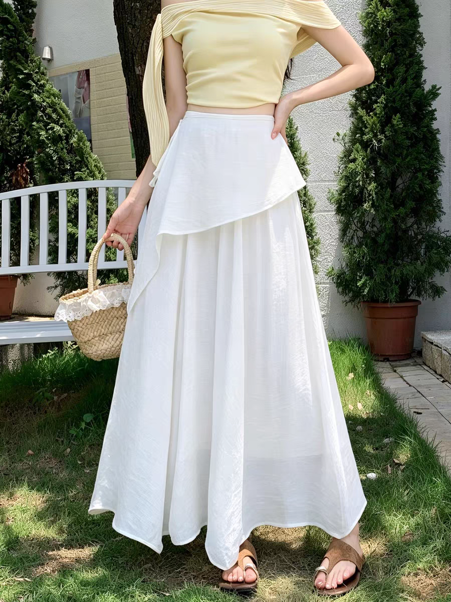 Nouvelle jupe longue évasée taille haute à nouer pour femme, style bohème fluide, collection été 2026, idéale pour couvrir les hanches
