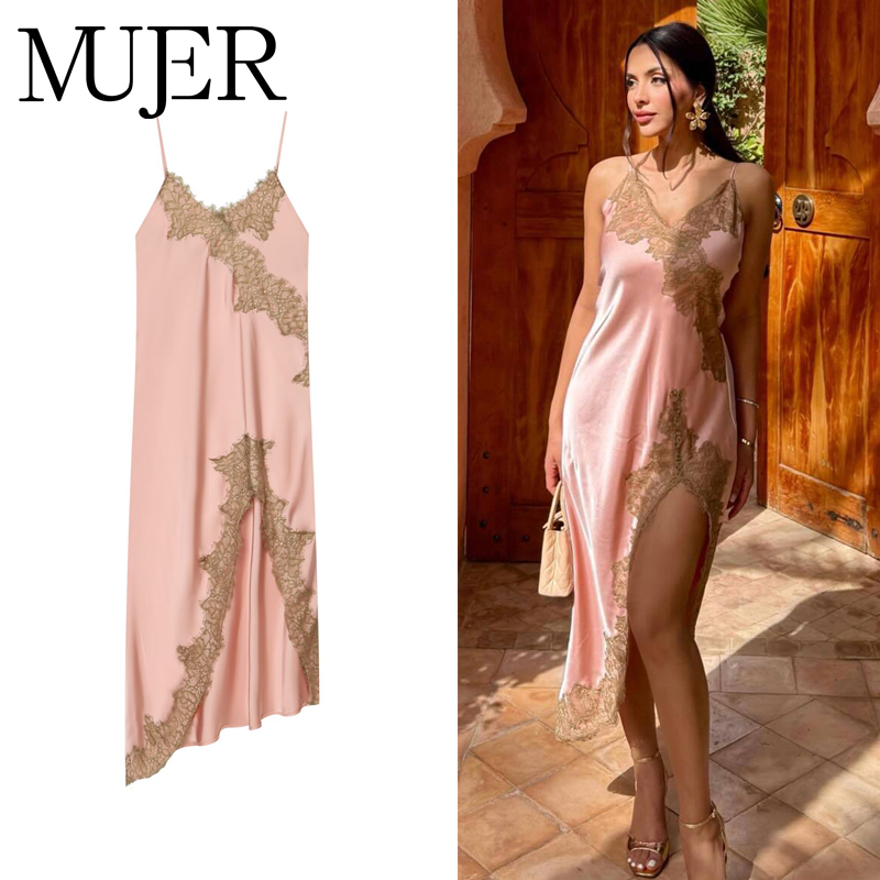 Robe midi en satin et dentelle pour femme, asymétrique, longue, sexy, dos nu, pour l'été, avec bretelles, pour les soirées
