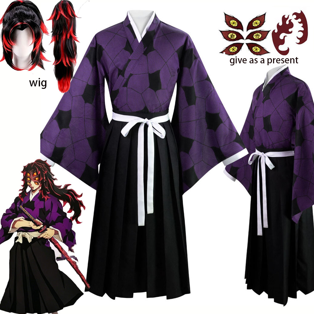 Tenue de cosplay Kokushibo Anime, Kimono violet imprimé, Haori noir, Hakama, Costume traditionnel pour événement cosplay