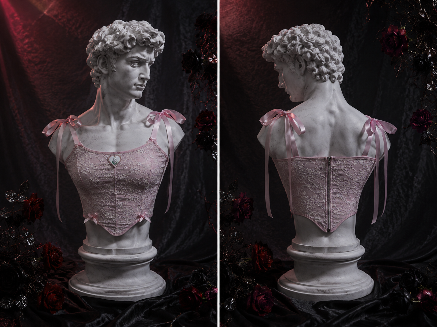 【Fragments.】 Un choix, pas de plus.】Gilet rose tendance pour femme avec bretelles à panneaux en dentelle rétro et grand nœud