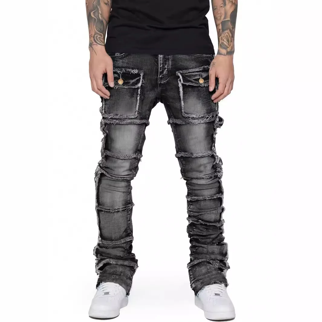 2025 nouveaux jeans pour hommes à la mode, vêtements de travail à la mode européenne et américaine avec patch, élastiques, laminés et légèrement évasés pour hommes